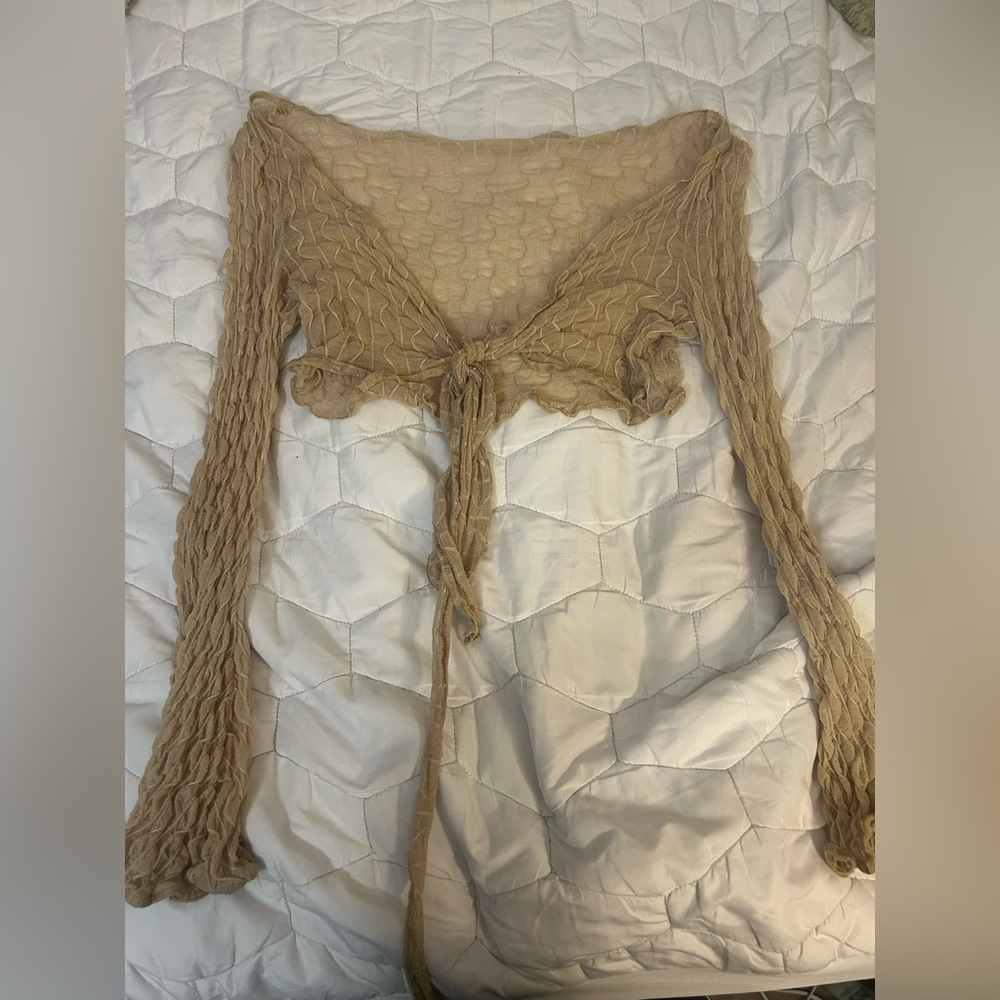 Chic Tan Tie-Front Textured Blouse